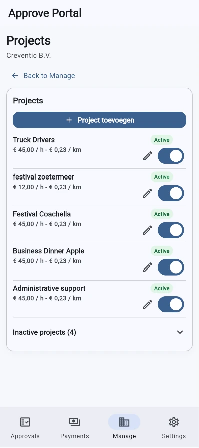 Approve Portal projecten beheren scherm